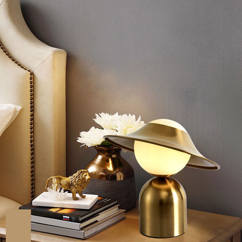 Gold Hat Shaped Table Light Postmodern Style 1 Bulb White Glass Night Stand Lamp