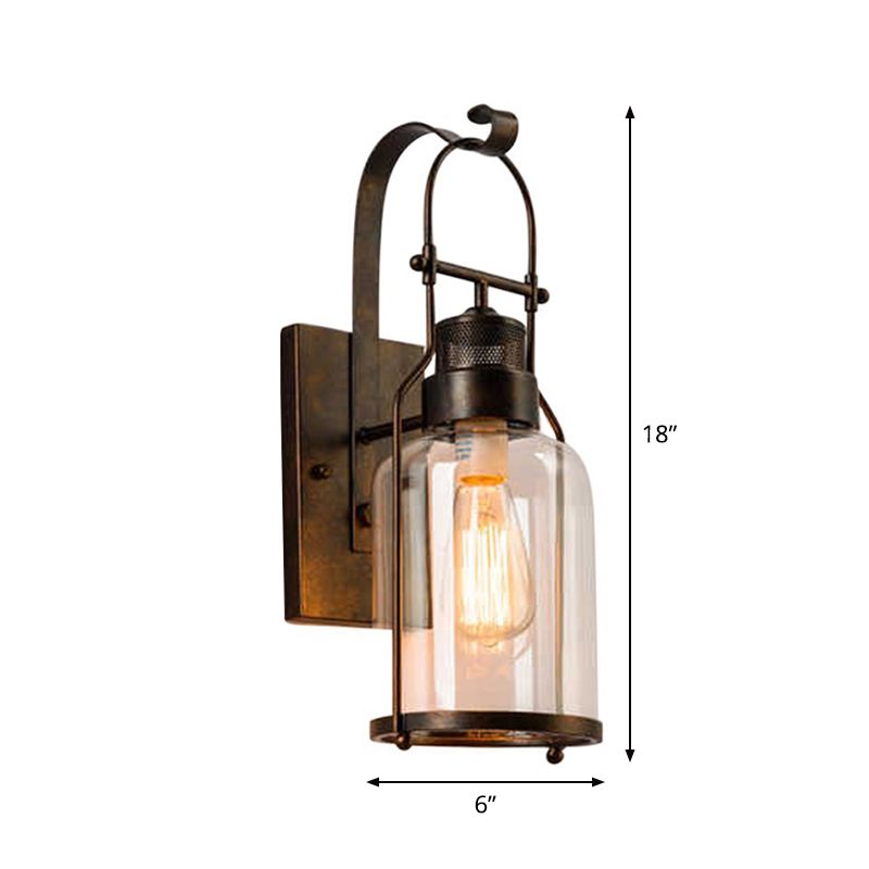 Cylindrical Clear Glass Wall Hanging Light Rustic 1 Head Kitchen Wall Mounted Lamp with Mesh Top in Black