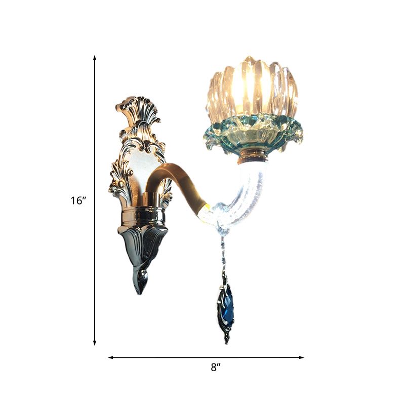 Pronuncia da parete con fiore di cristallo trasparente 1 Bulb soggiorno illuminazione da parete in oro con braccio curvo