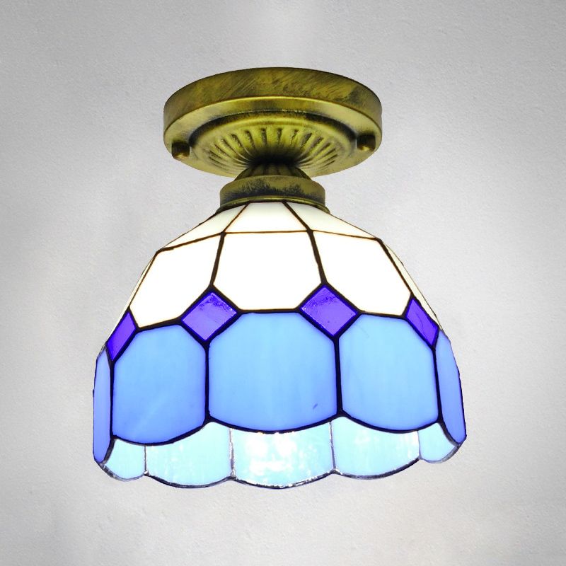 1 Head Flush Mount Light Classic Bell Shade Gridded Glass Semi Flush Ceiling Light