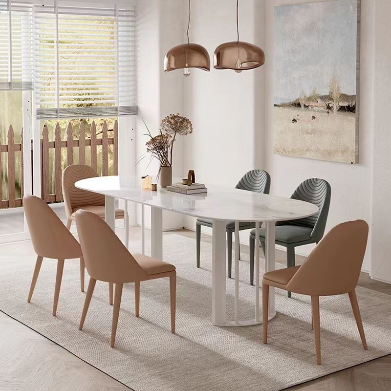 Modern White Stone Top Dinner Table Oval Metal Double Pedestal Dining Table