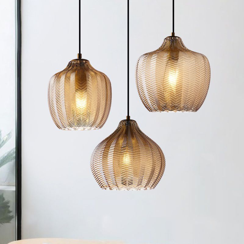 Melon Shaped Glass Suspension Lamp Nordic Style Hanging Light Fixture for Dining Room