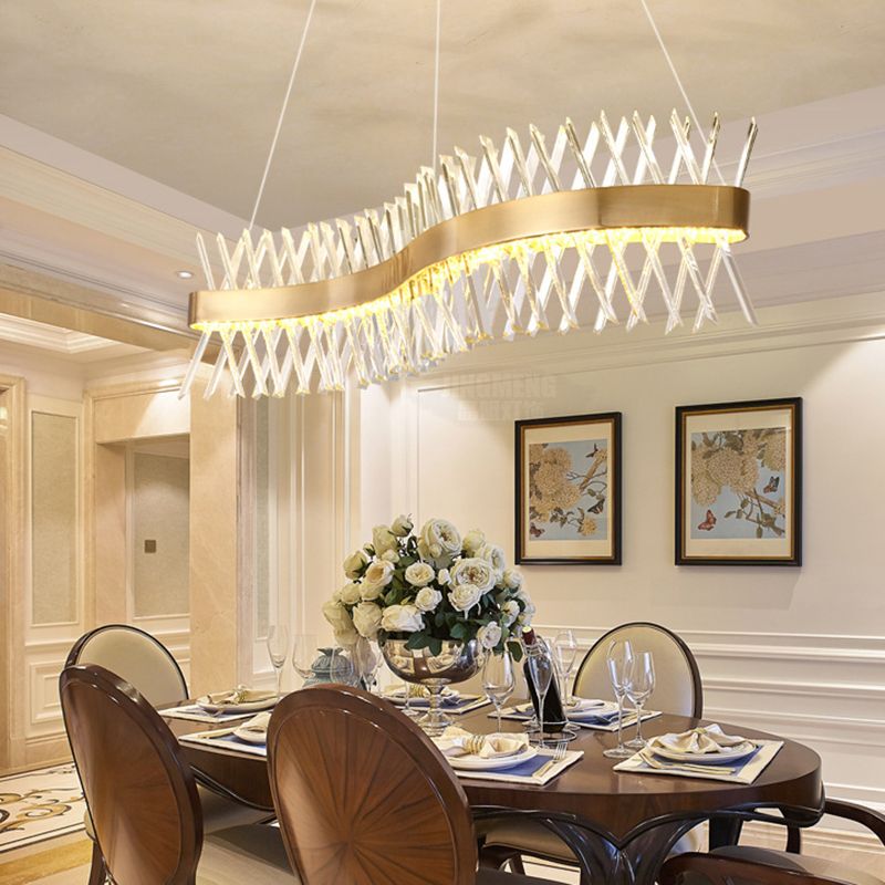 Simple Geometric Chandelier K9 Strip Crystal Dining Room LED Suspension Lighting in Rose Gold