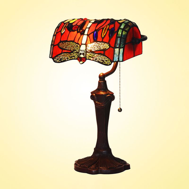 1 Light Banker Desk Lampada Mediterranea Dragonfly Taglia a mano Copriata Accensione del tavolo a catena in rosso