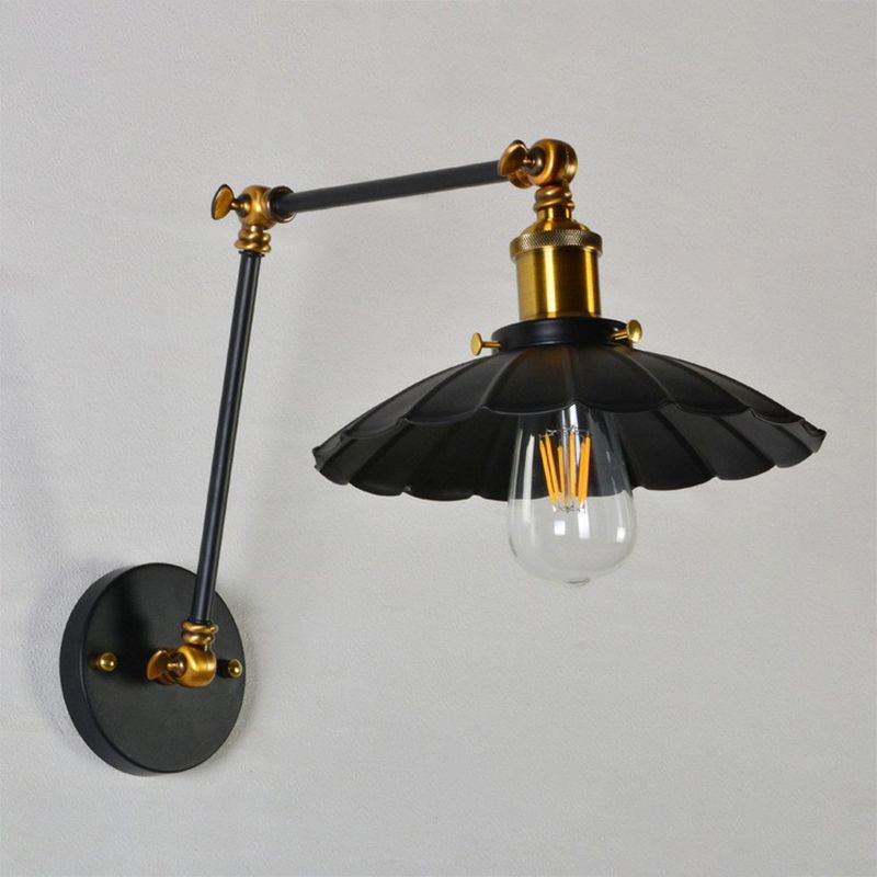 Scalloped Iron Wall Reading Lamp Loft 1 Bulb 8"+8"/12"+12" W Bedroom Wall Light with 2-Joint Adjustable Arm in Black/White-Brass