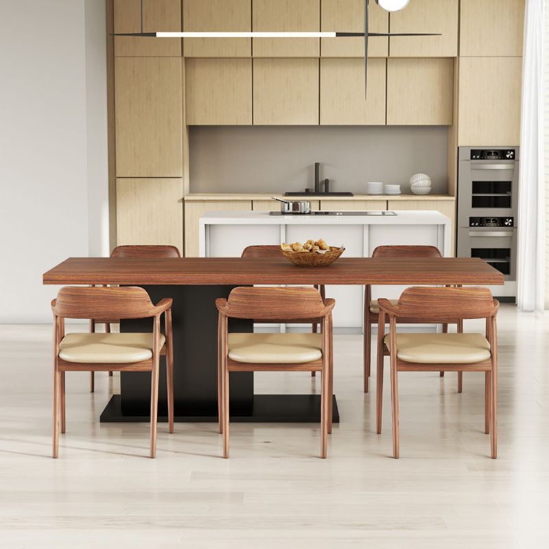 Brown Walnut Top Dining Table Modern Rectangle Black Metal Pedestal Table