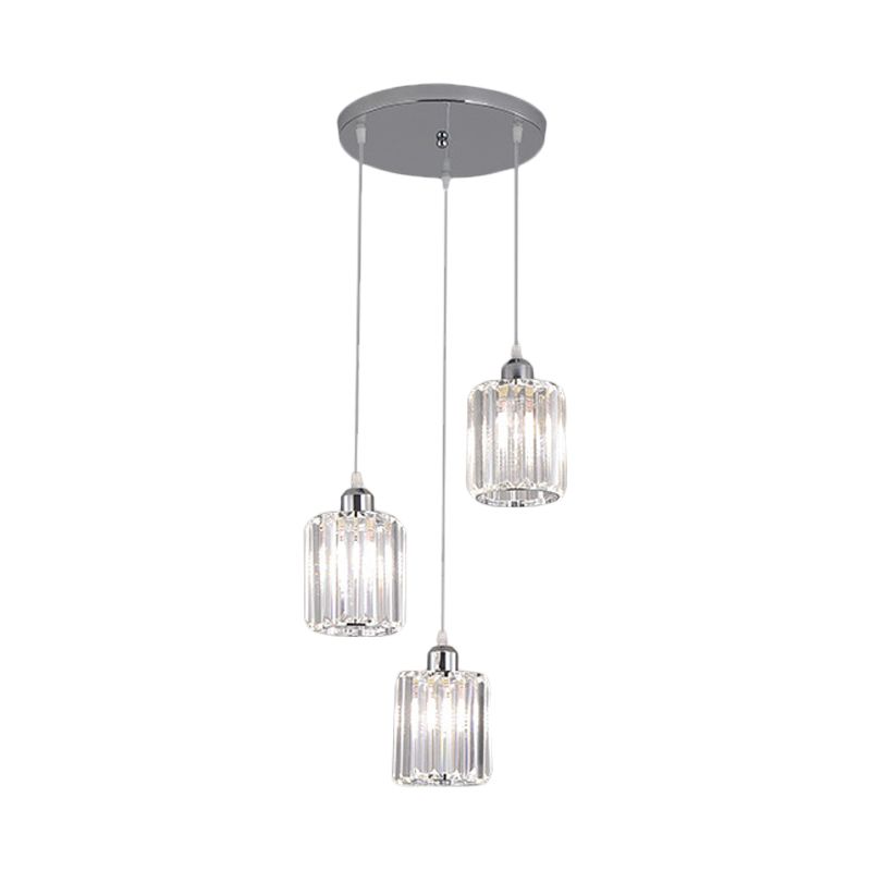 Cylinder Clear Crystal Block Multi Light Pendant Modernism 3 Bulbs Chrome Hanging Lamp Kit