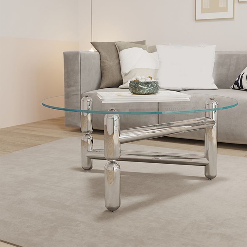 Glass Top Steel Coffee Table Round Minimalist Modern Coffee Table