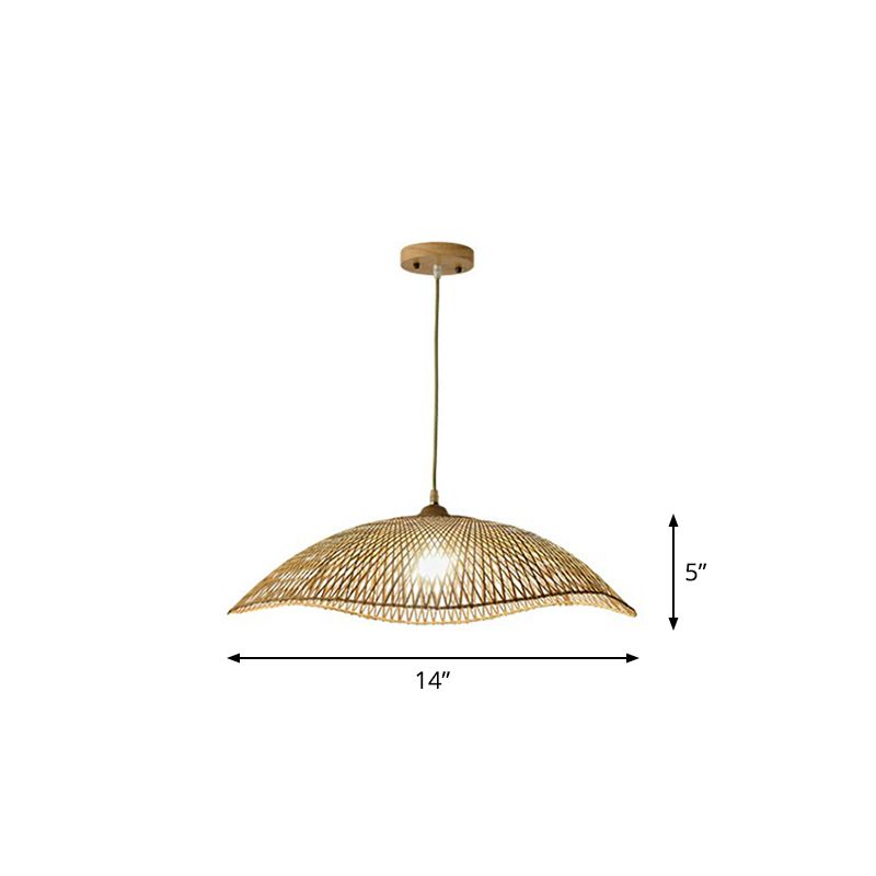 Wave-Edge Suspension Lighting Asian Bamboo 1-Bulb Bedroom Pendant Light in Beige