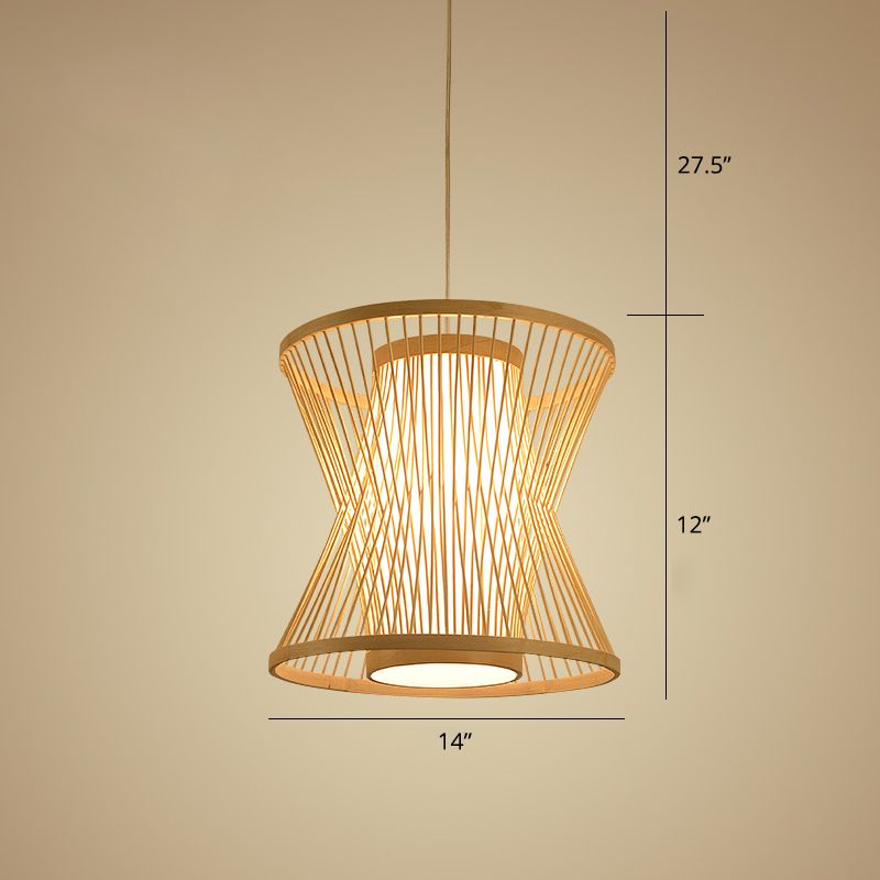 Symmetric Cage Pendant Lighting Nordic Bamboo 1 Bulb Beige Pendulum Light for Restaurant