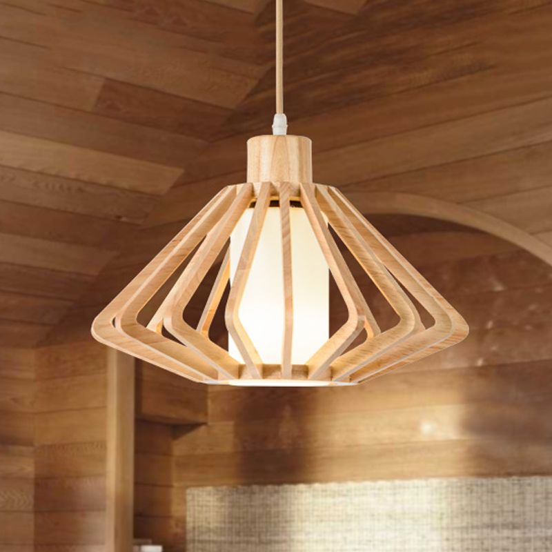 Accendi a ciondolo commerciale a gabbia di diamanti Legno asiatico 1 testa 14 "/18" Lampada a soffitto beige larga con pilastro interno