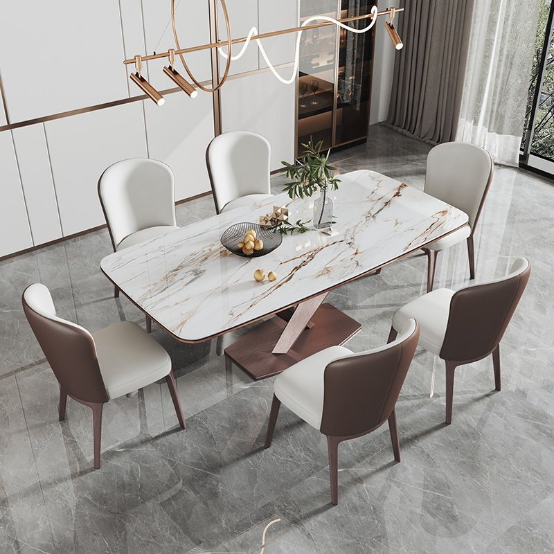 Mesa de comedor blanca de rectángulo glamoroso mesa de comedor de cocina de piedra sinterizada con base de pedestal