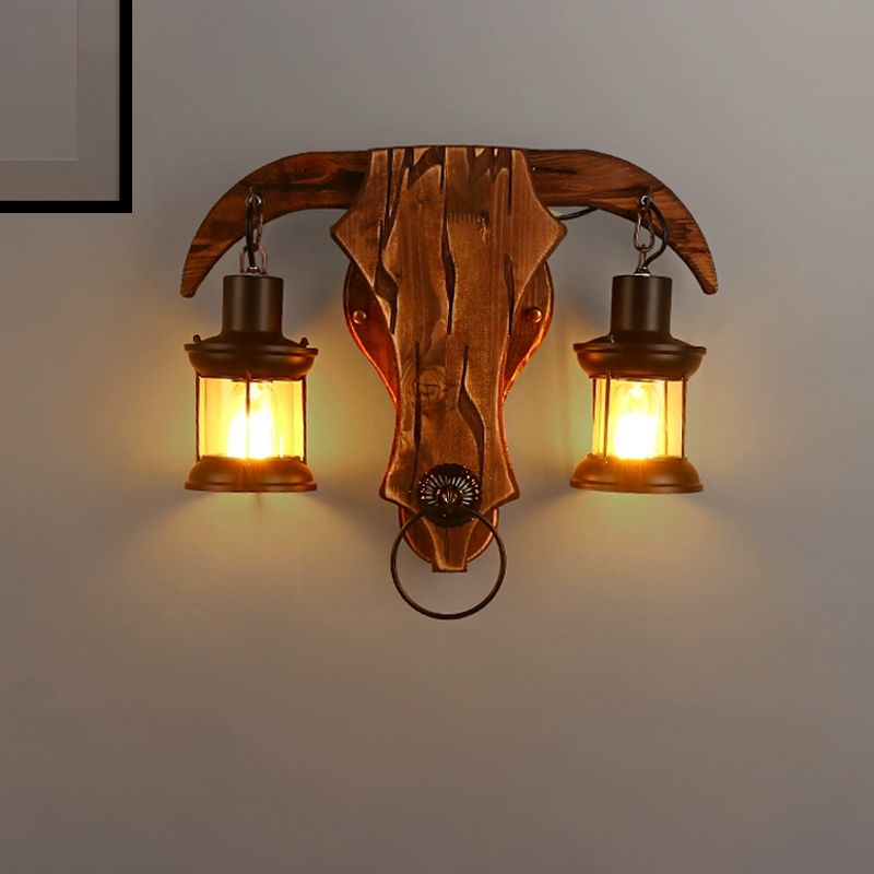 Brown Bull Shaped Sconce Wall Lighting Retro Style 2 Bulbs Wood and Metal Wall Lamp with Lantern Shade