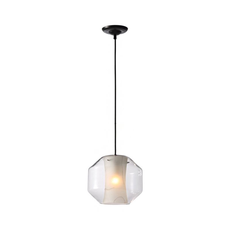 White Curved Pendant Light Modern Single Faux Marble Ceiling Suspension Lamp with Outer Cylinder/Lantern Clear Glass Shade