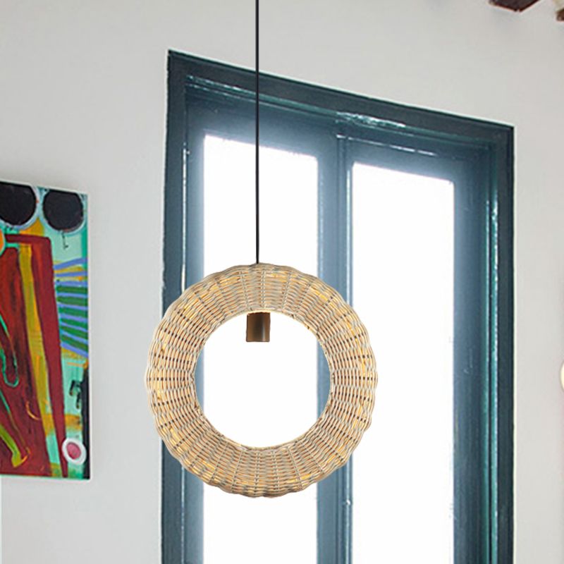 Woven Loop Suspension Light Asian Rattan 1 Light Bedside Hanging Pendant Lamp in Wood