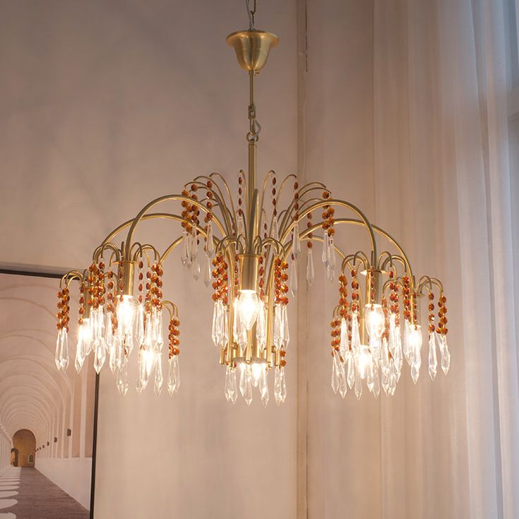 Country Style Branch Pendant Lamp Crystal Beading Chandelier in Brass for Cafe
