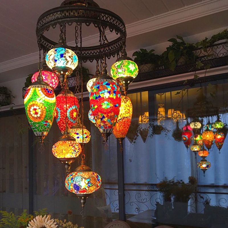 Traditionary Ball and Teardrop Chandelier Lamp Colorful Glass 12 Heads Ceiling Light Fixture in Bronze for Restaurant