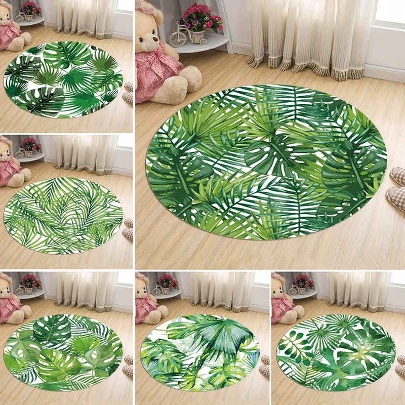 Green Leaves Pattern Rug Modern Fresh Round Carpet Flannel Non-Slip Backing Rug for Living Room