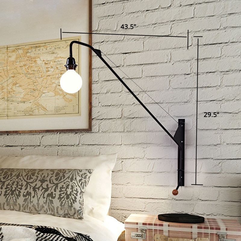 1 Glühbirnenfischereiungsstangenwandlampenmessgerät Industrial Black Metall Leuchten mit offenem Glühbirnendesign