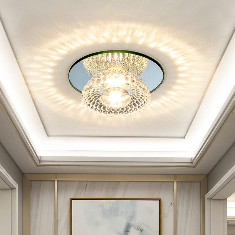 Mini Flower Bowl LED Flush Light Simplicity Chrome Crystal Ceiling Mount Fixture with Mirror Glass Canopy