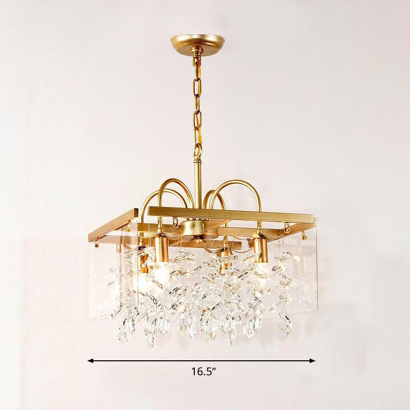 Gold Square Hanging Chandelier Lodge Crystal 4/6/8 Lights Living Room Suspension Pendant