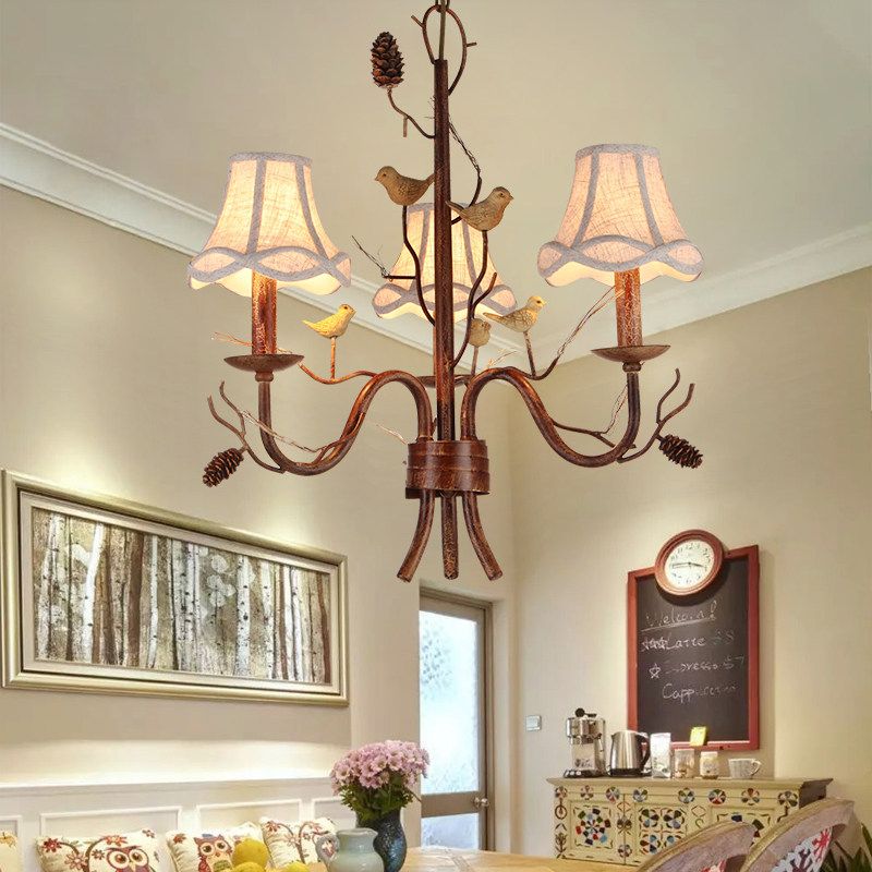 Brown 3 Lights Pendant Chandelier Rustic Metal Scalloped Hanging Light with Fabric Shade