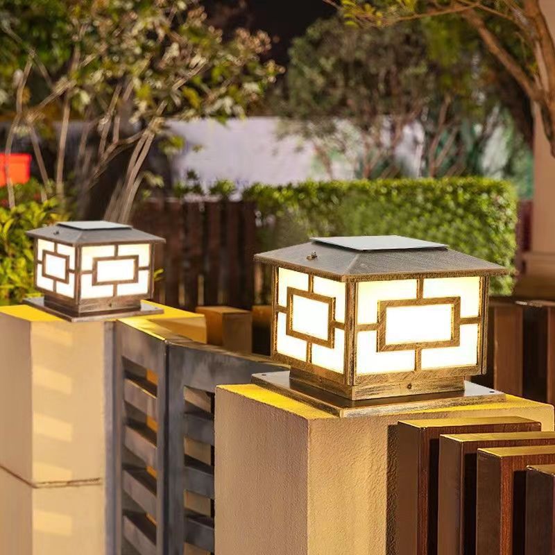 Rectangle Shape Metal Outdoor Lamp Modern Style 1 Light Solar Pillar Lights