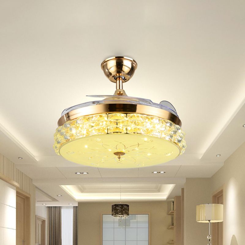 Circulair kristal semi -spoeling lichtarmatuur minimalistische hal 42,5 "brede led plafondventilator met 3 heldere messen