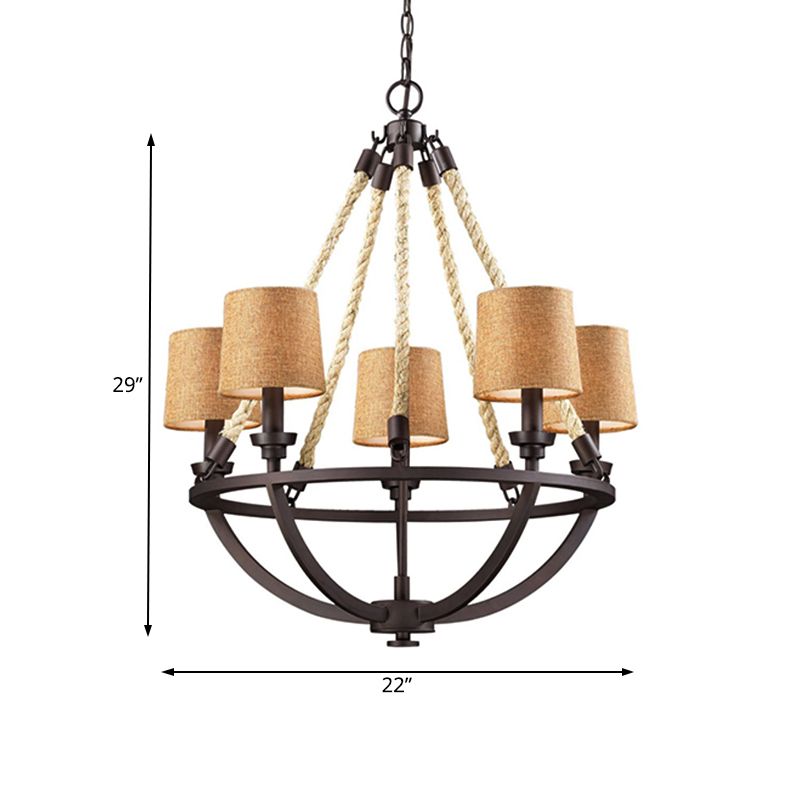 Semi-Circle Cage Bedroom Pendant Chandelier Country Metal 5 Lights Bronze Hanging Fixture with Fabric Shade