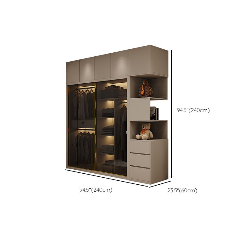 Glass and Wood Wardrobe Cabinet Sliding Wardrobe Armoire without Light