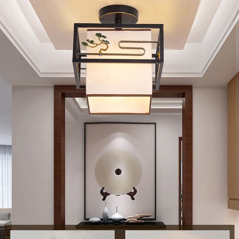Black Semi-Flush Ceiling Light Traditional Fabric Squared Semi Flush Mount Light
