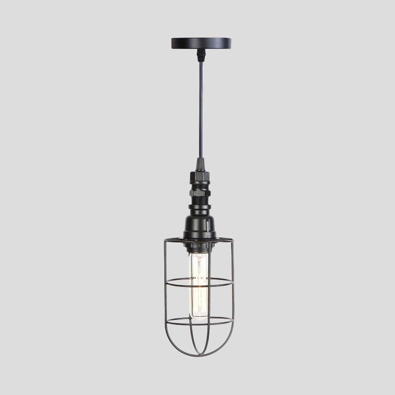 Caged Iron Hanging Ceiling Light Farmhouse 1 Bulb Coffee Shop Suspension Pendant in Black