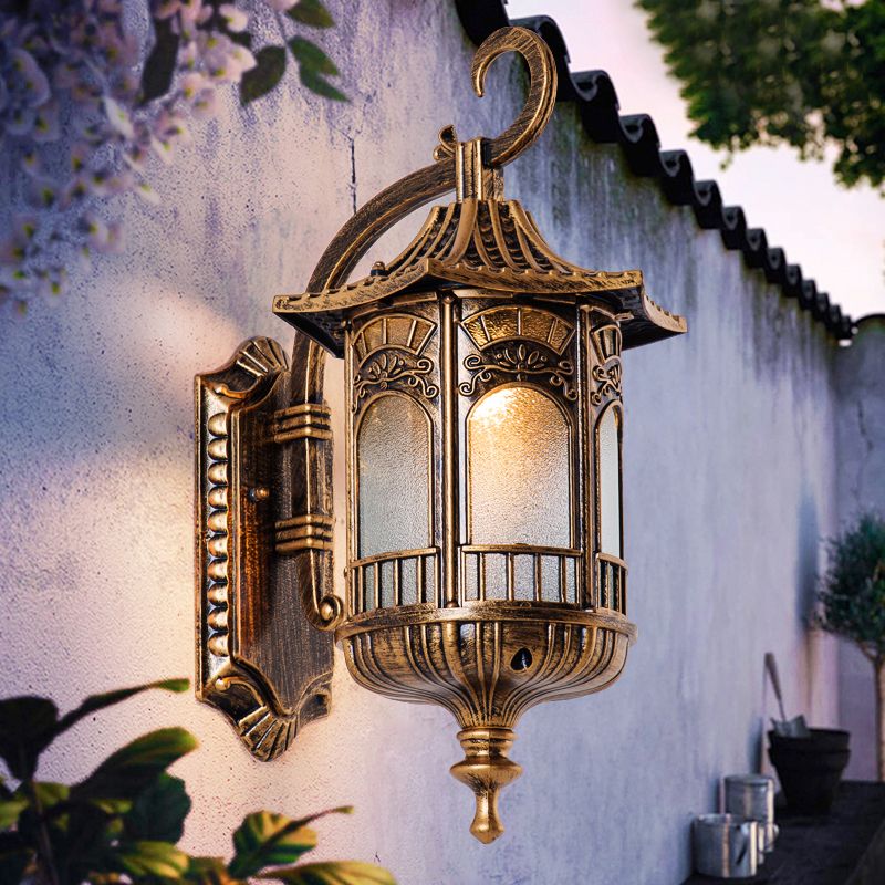 Metal Bronze Sconce Light Fixture Lantern 1 Head Rustic Wall Lighting with Frosted Glass Shade