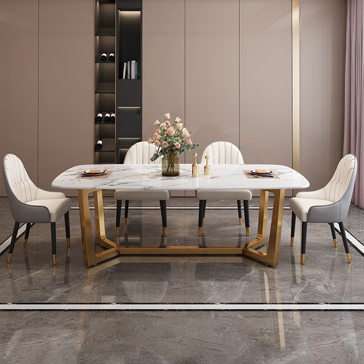 Rectangle Trestle Base Dining Table Glam Style Stone Kitchen Desk