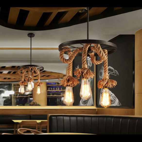 Multi-Lights Hemp Rope Design Retro Chandelier Light Black Wrought Iron Wheels Industrial Style Lighting Fixture in Restaurant Bar