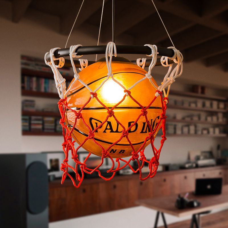 Creative Glass Basketball Shaped Suspended Light with Nets Single Light Decorative Arts Hanging Light for Bar