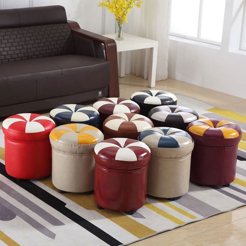 Wine Red Round Pouf Leather Color Piece Pouf for Drawing Room