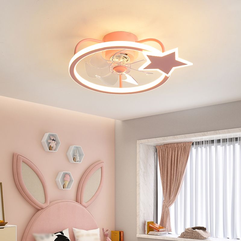 Pink Circular Ceiling Fan Lighting Cartoon Acrylic LED Semi Flush Mount Fixture for Kids Room