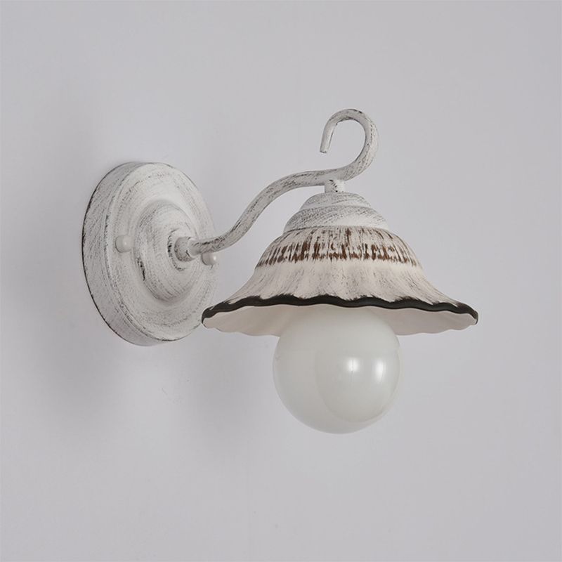 Ceramic Distressed White Sconce Light Wide Flare Shade Single Countryside Wall Mount Light