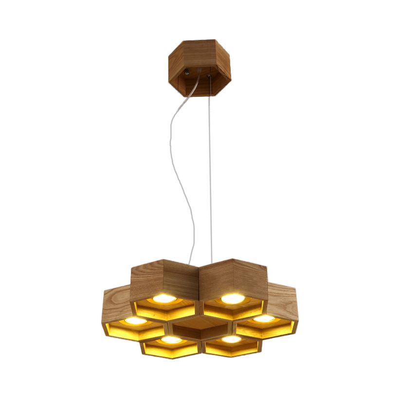 Honeycomb Chandelier Pendant Light Modern Wooden 6-Light Living Room Ceiling Light Fixture