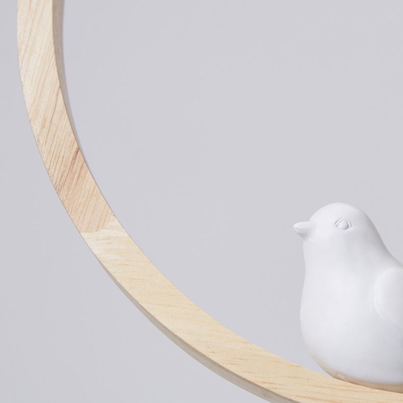 Dome Shade White Glass Pendant Nordic Style Wood Suspension Light with Ring and Bird
