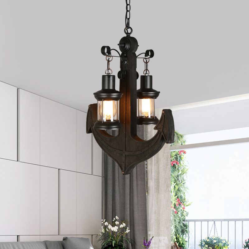 Clear Glass Black Chandelier Lighting Kerosene 2-Light Industrial Hanging Ceiling Light with Wood Anchor Design