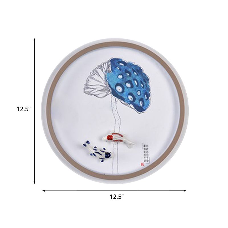 Watercolour Mountains/Fish Mural Lighting Chinese Style Iron Bedroom LED Wall Mount Light Fixture in White