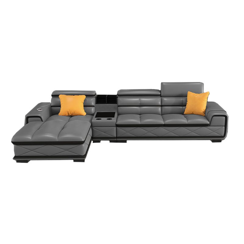 Contemporary Cloud Gray Square Arm Stationary Genuine Leather Sofa