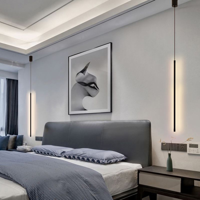 Simple Modern Style Line Shape Pendant Metal 1 Light Hanging Light in Black for Living Room Bedroom