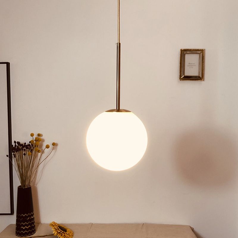 Simple Ball Shaped Drop Pendant White Glass 1 Light 6"/8"/10" Dia Bedroom Pendulum Light in Brass