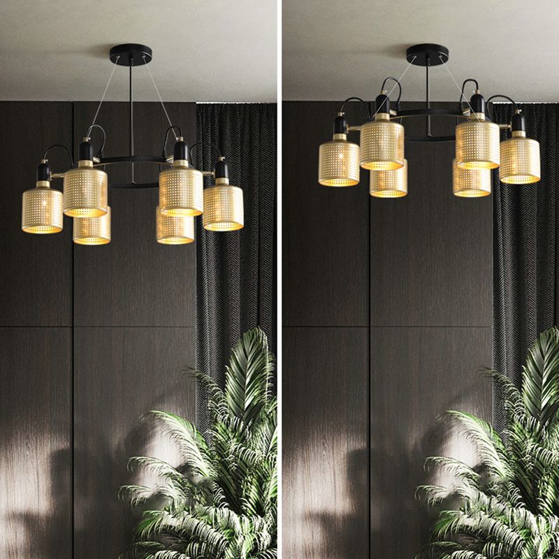 Metal Mesh Screen Chandelier Postmodern Adjustable Gold Hanging Light for Bedroom