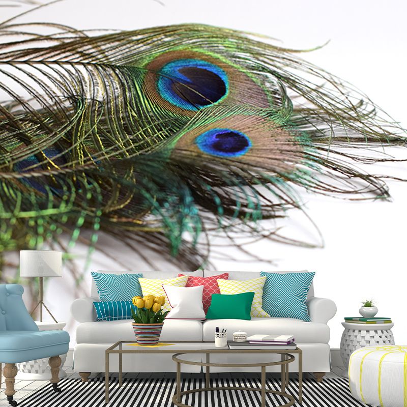 Tropical Peacock Feather Wall Mural Wallpaper Modern Water Resistant Wall Art for House Interior