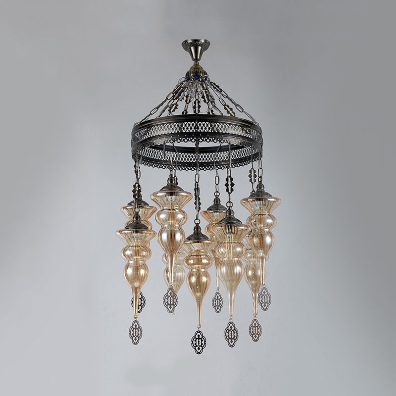 9 Bulbs Pendant Chandelier Traditional Coffee Shop Suspension Lighting Fixture with Jar Tan Ribbing Glass Shade
