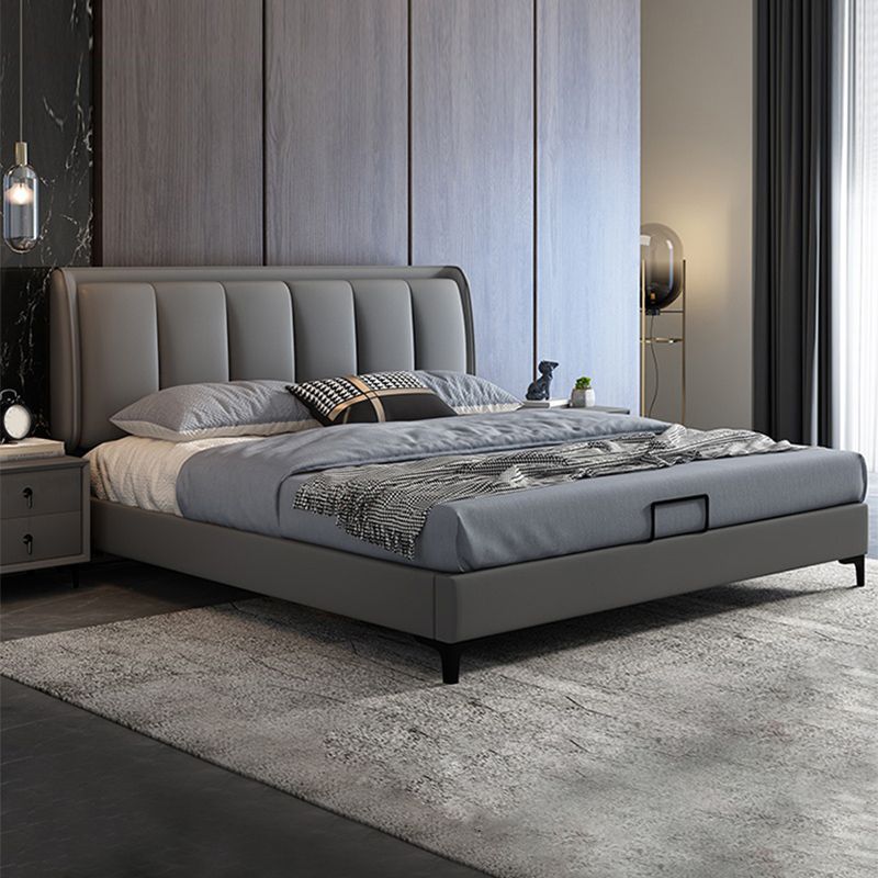 Grey Rectangular Headboard Standard Bed with Wooden Legs Bed